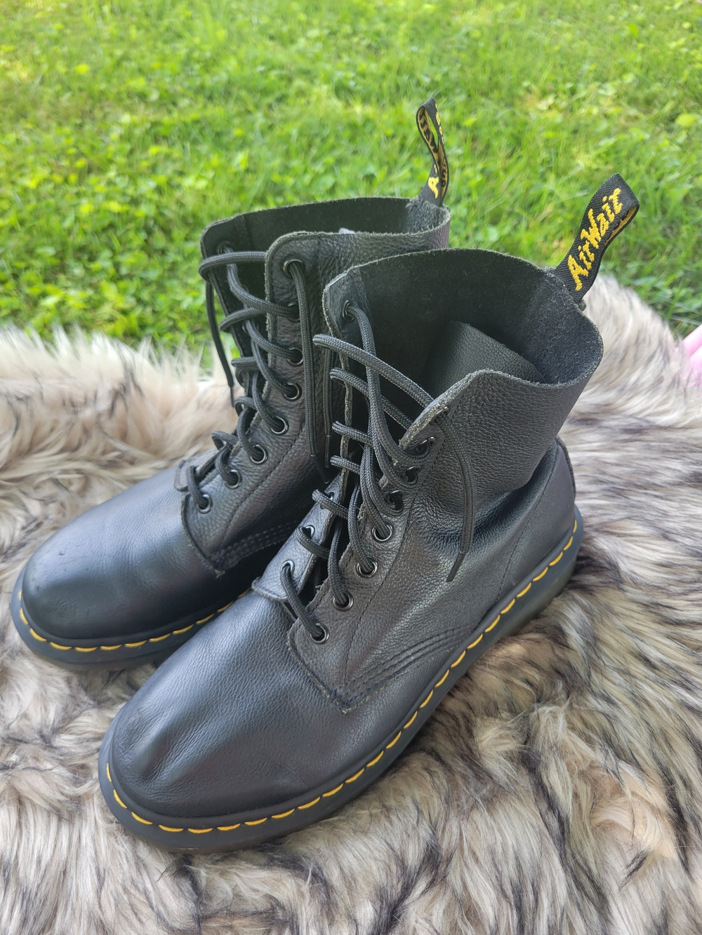 Dr. Martens Black Leather Lace-Up Combat Boots with Yellow Stitching